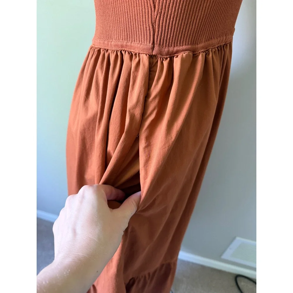 ASTR The Label Midi Dress Mixed Media Fit & Flare Sleeveless Poplin Brown Small - Picture 10 of 12